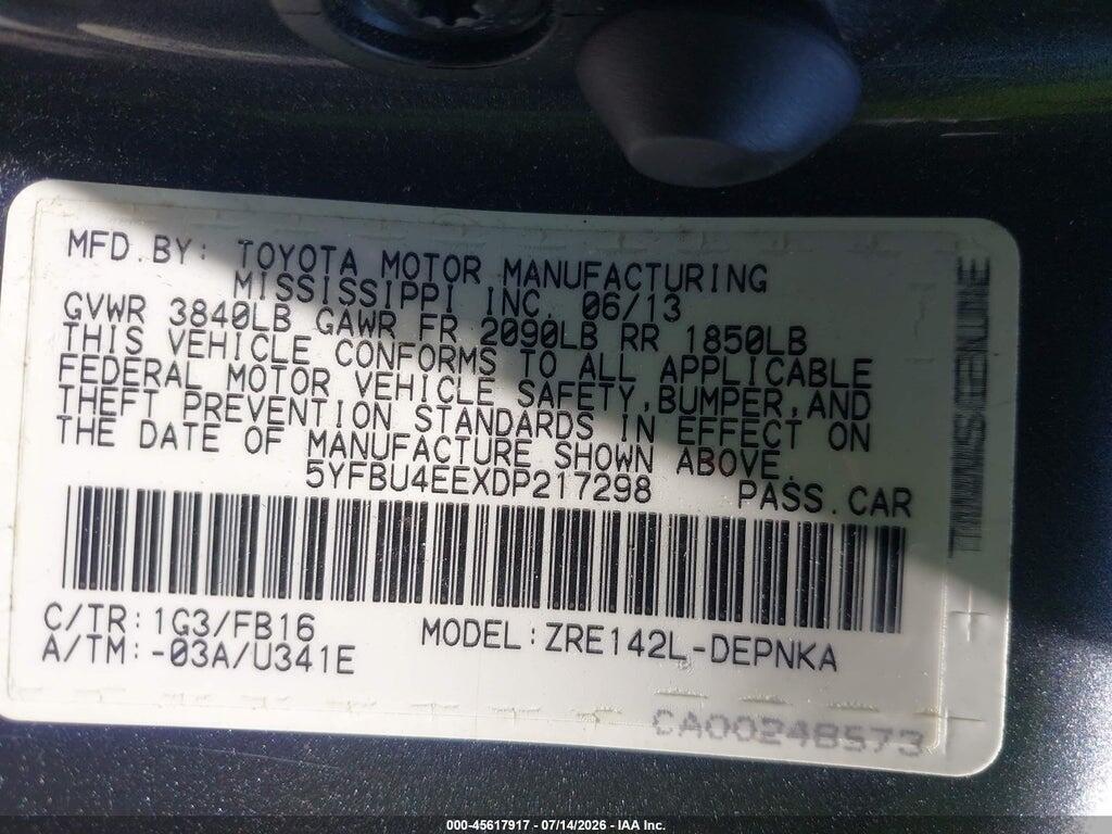 5YFBU4EEXDP217298 2013 TOYOTA COROLLA photo no. 9