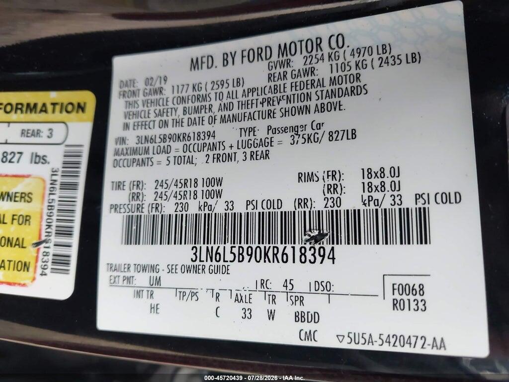 3LN6L5B90KR618394 2019 LINCOLN MKZ photo no. 9