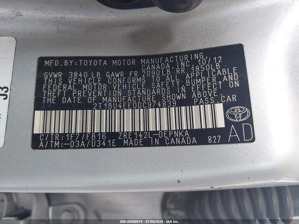 2T1BU4EE0DC974839 2013 TOYOTA COROLLA photo no. 9