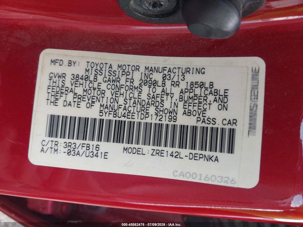 5YFBU4EE1DP172199 2013 TOYOTA COROLLA photo no. 9