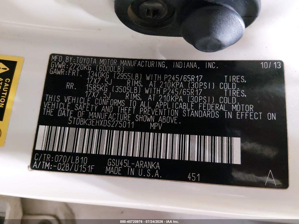 5TDBK3EHXDS275011 2013 TOYOTA HIGHLANDER photo no. 9