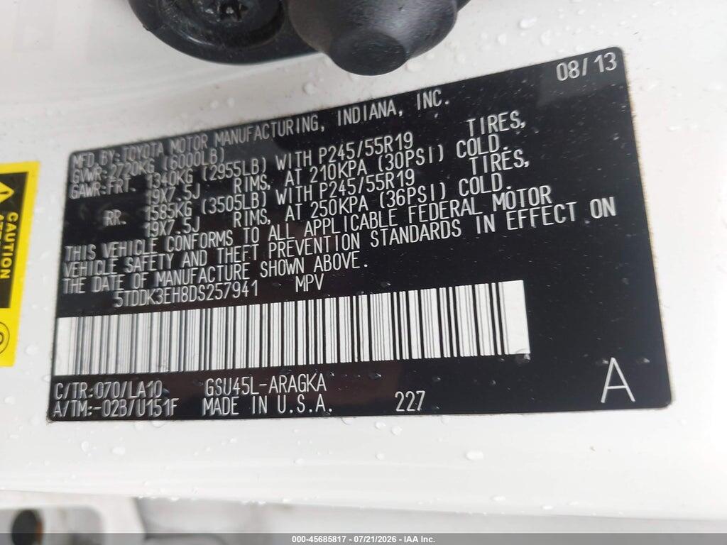 5TDDK3EH8DS257941 2013 TOYOTA HIGHLANDER photo no. 9