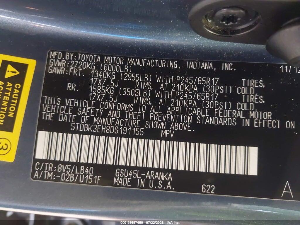 5TDBK3EH8DS191155 2013 TOYOTA HIGHLANDER photo no. 9