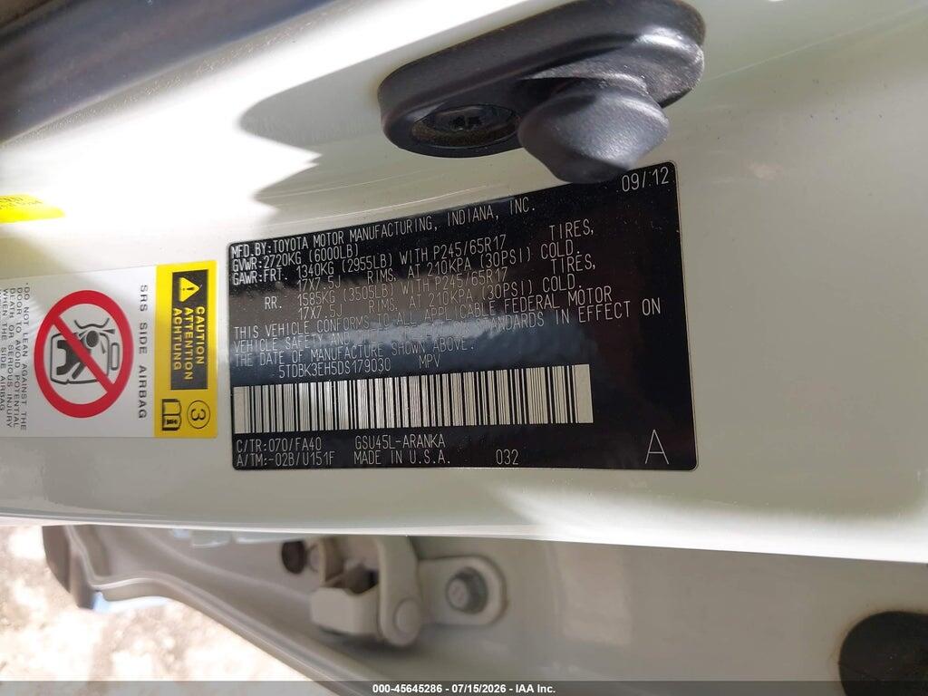 5TDBK3EH5DS179030 2013 TOYOTA HIGHLANDER photo no. 9