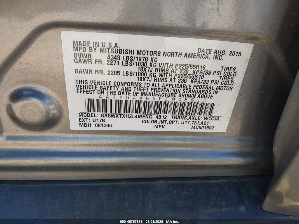 4A4AR4AWXFE048615 2015 MITSUBISHI OUTLANDER SPORT photo no. 9