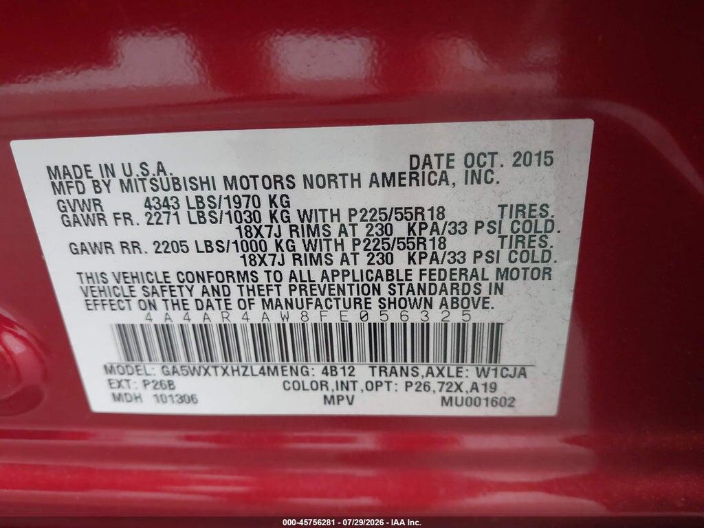 4A4AR4AW8FE056325 2015 MITSUBISHI OUTLANDER SPORT photo no. 9