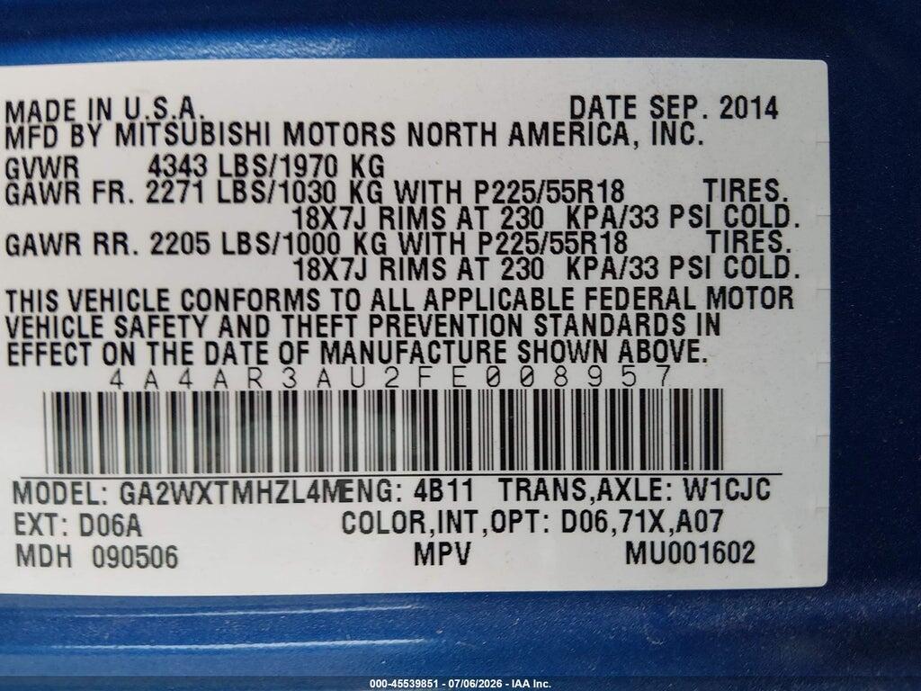 4A4AR3AU2FE008957 2015 MITSUBISHI OUTLANDER SPORT photo no. 9