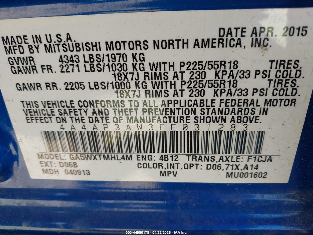 4A4AP3AW3FE031283 2015 MITSUBISHI OUTLANDER SPORT photo no. 9