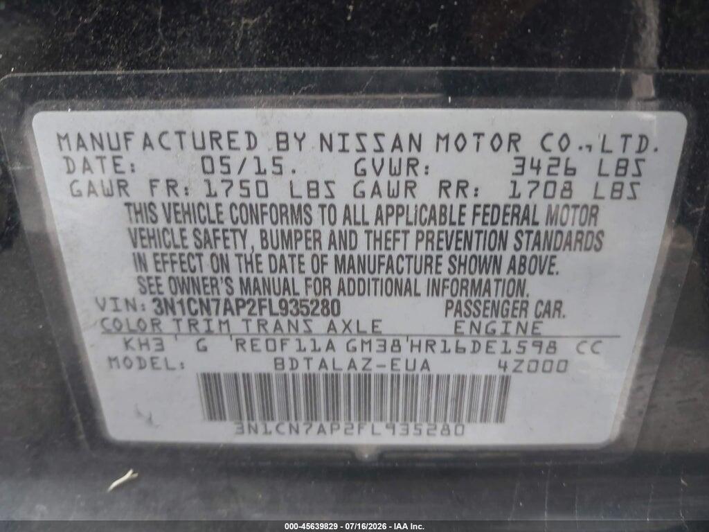 3N1CN7AP2FL935280 2015 NISSAN VERSA photo no. 9