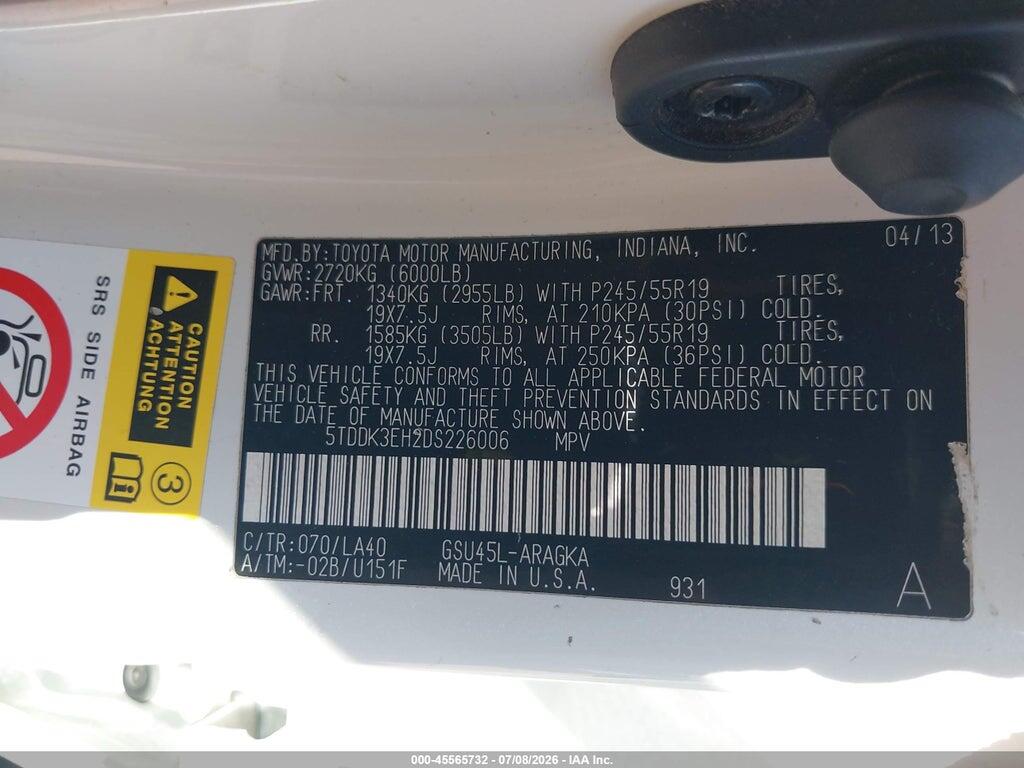 5TDDK3EH2DS226006 2013 TOYOTA HIGHLANDER photo no. 9