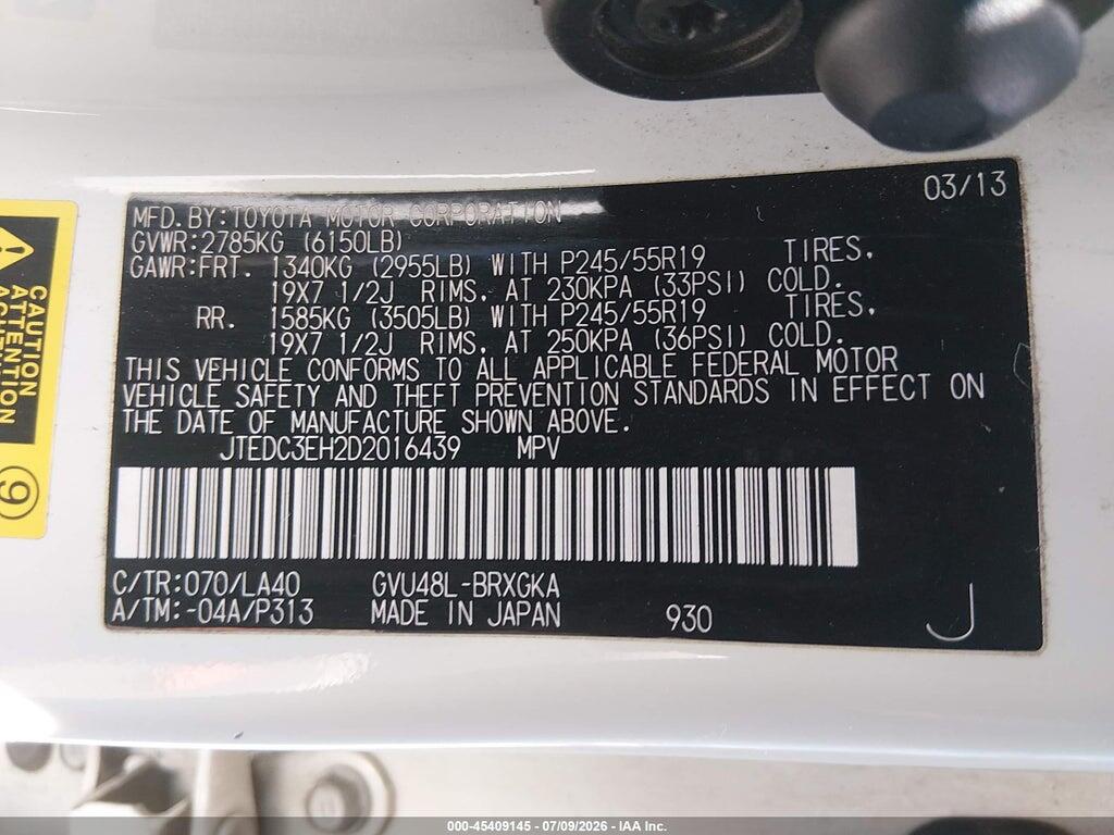 JTEDC3EH2D2016439 2013 TOYOTA HIGHLANDER HYBRID photo no. 9