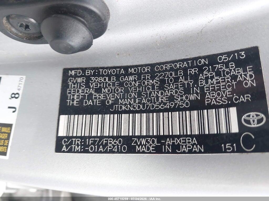 JTDKN3DU7D5649750 2013 TOYOTA PRIUS photo no. 9