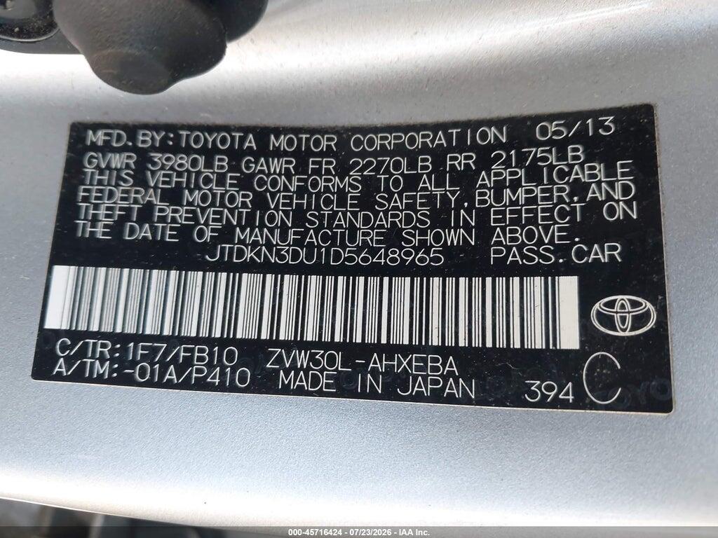 JTDKN3DU1D5648965 2013 TOYOTA PRIUS photo no. 9