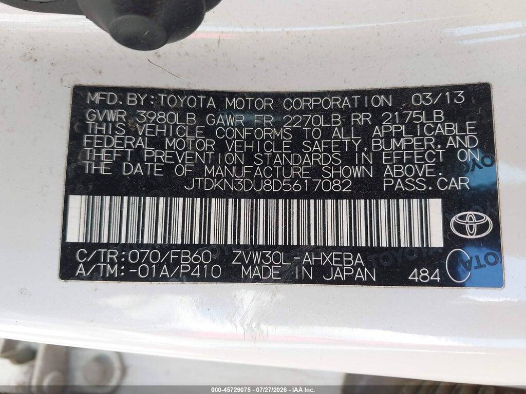 JTDKN3DU8D5617082 2013 TOYOTA PRIUS photo no. 9