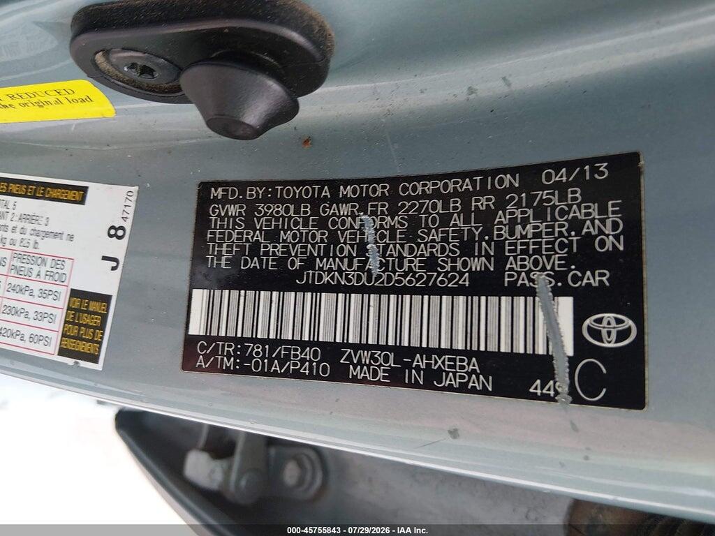 JTDKN3DU2D5627624 2013 TOYOTA PRIUS photo no. 9
