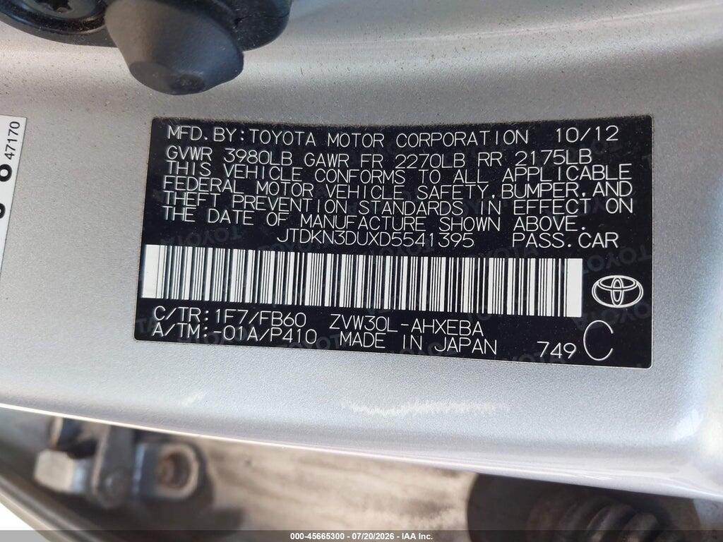 JTDKN3DUXD5541395 2013 TOYOTA PRIUS photo no. 9