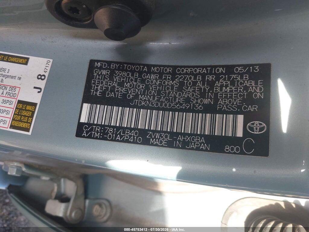 JTDKN3DU0D5649136 2013 TOYOTA PRIUS photo no. 9