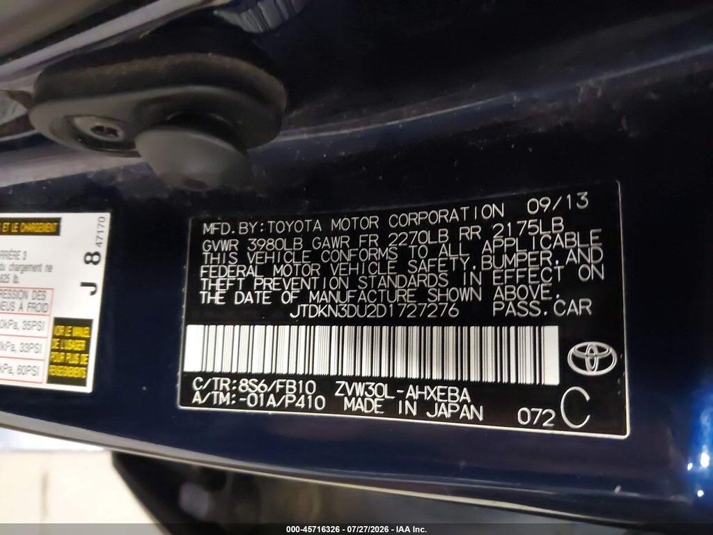JTDKN3DU2D1727276 2013 TOYOTA PRIUS photo no. 9