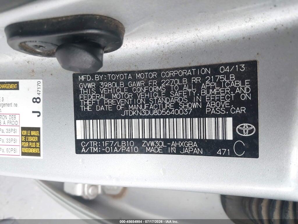 JTDKN3DU8D5640037 2013 TOYOTA PRIUS photo no. 9