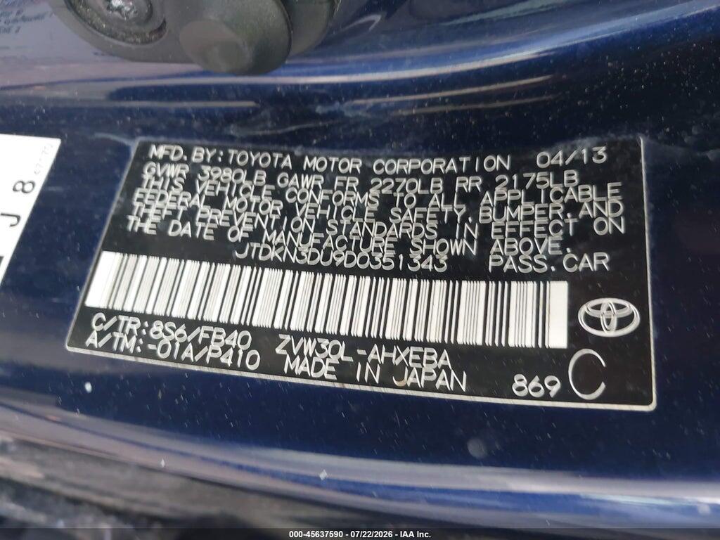 JTDKN3DU9D0351343 2013 TOYOTA PRIUS photo no. 9