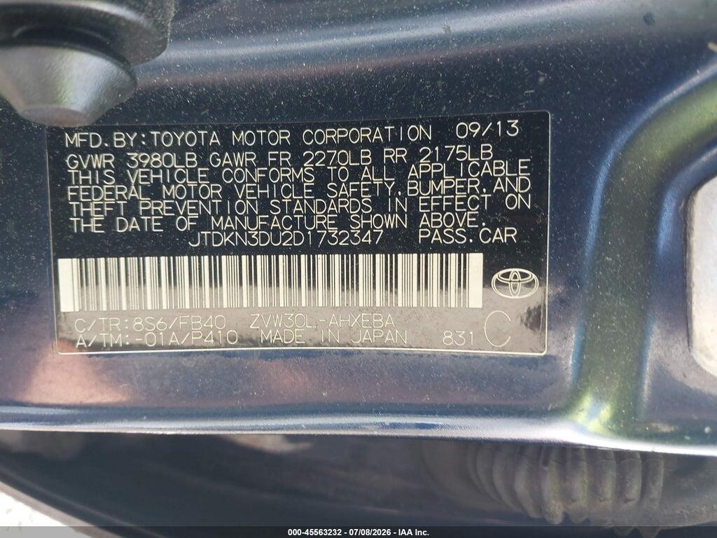 JTDKN3DU2D1732347 2013 TOYOTA PRIUS photo no. 9