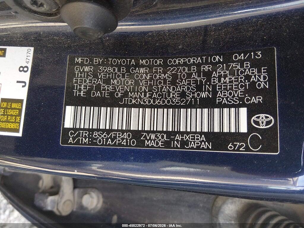 JTDKN3DU6D0352711 2013 TOYOTA PRIUS photo no. 9