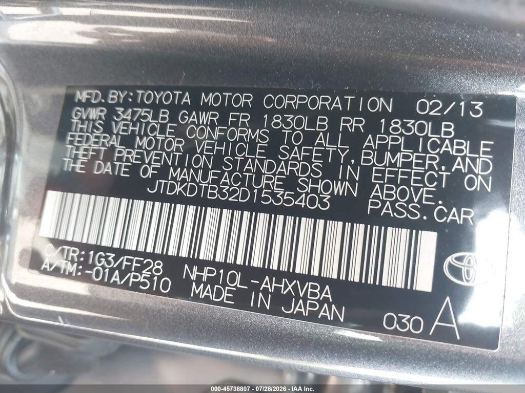 JTDKDTB32D1535403 2013 TOYOTA PRIUS C photo no. 9