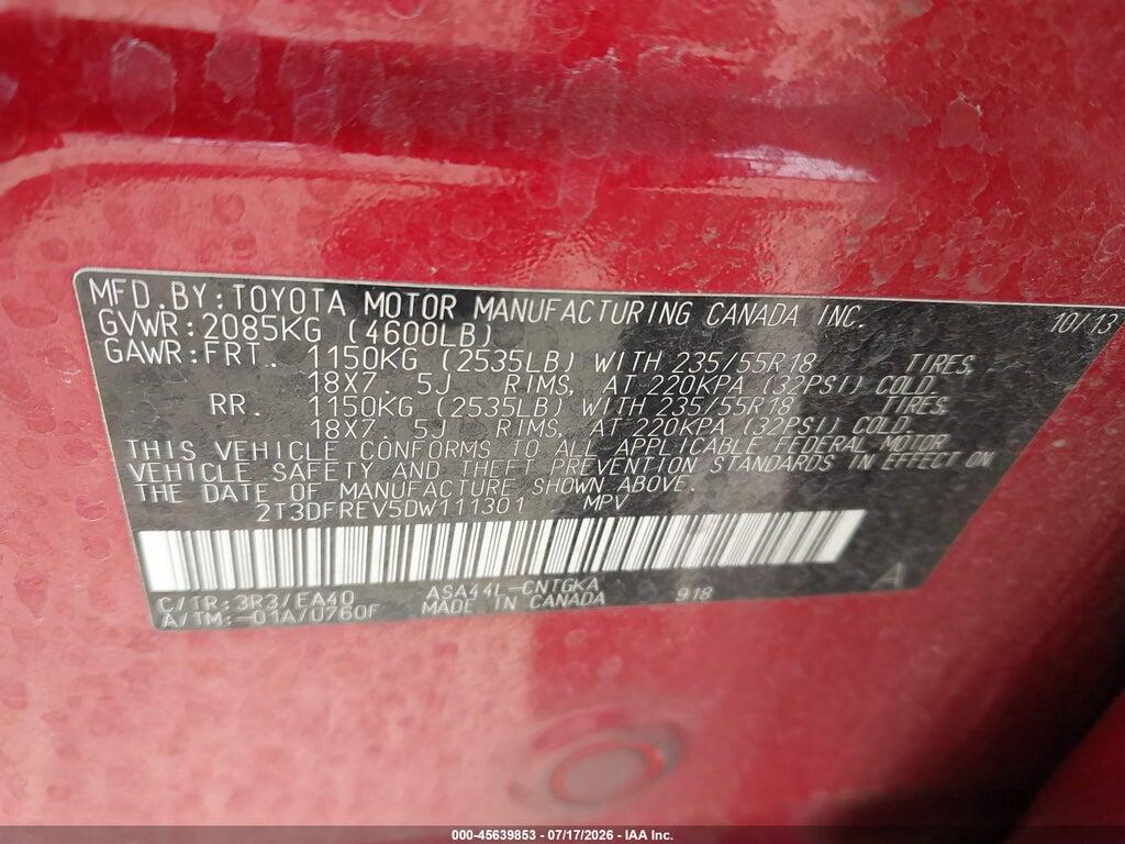 2T3DFREV5DW111301 2013 TOYOTA RAV4 photo no. 9