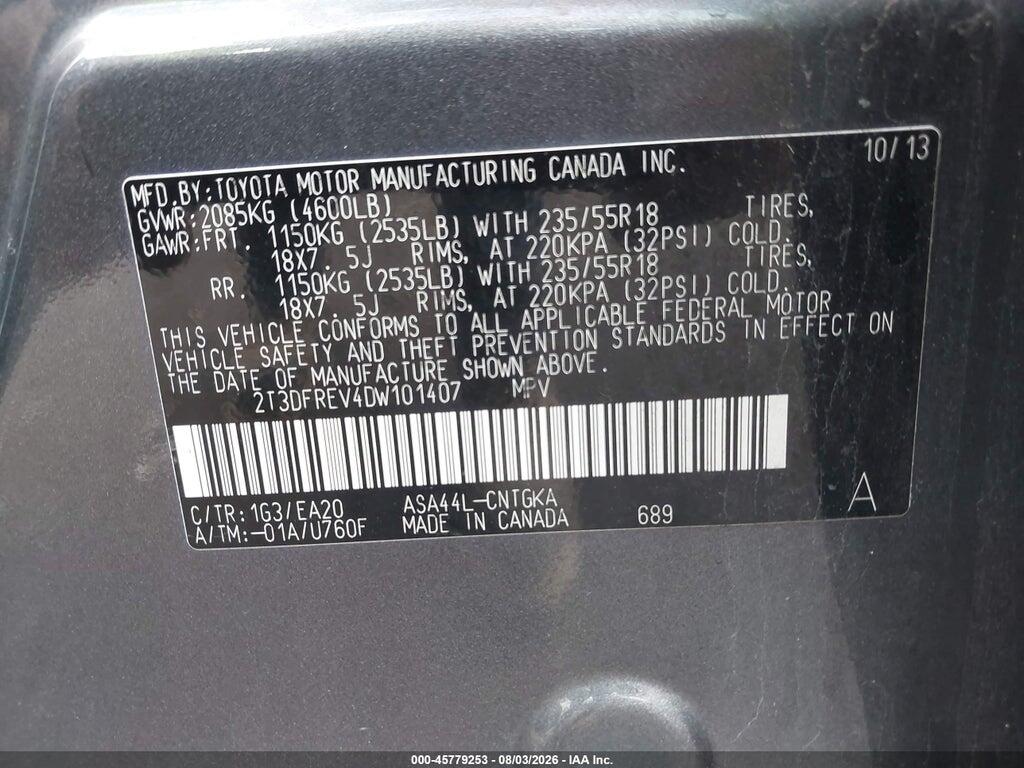 2T3DFREV4DW101407 2013 TOYOTA RAV4 photo no. 9