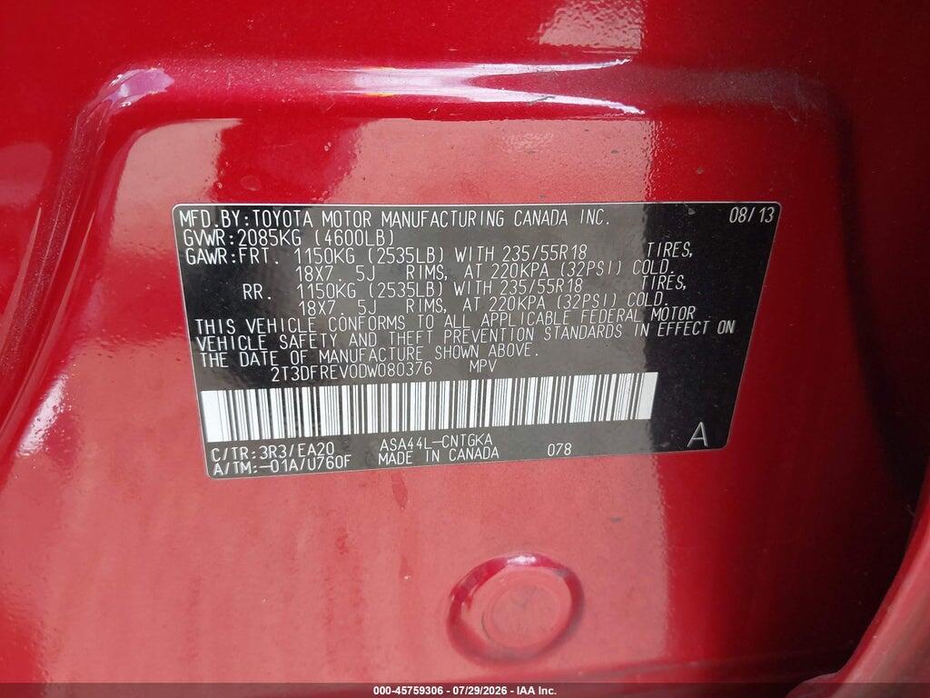 2T3DFREV0DW080376 2013 TOYOTA RAV4 photo no. 9