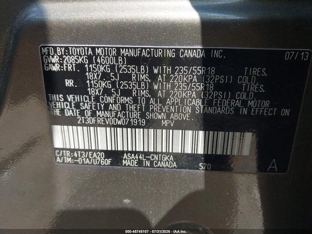 2T3DFREV0DW071919 2013 TOYOTA RAV4 photo no. 9