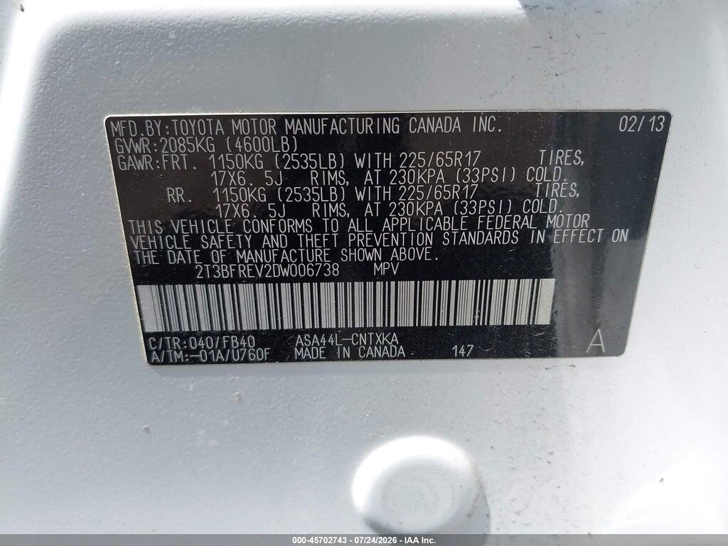 2T3BFREV2DW006738 2013 TOYOTA RAV4 photo no. 9