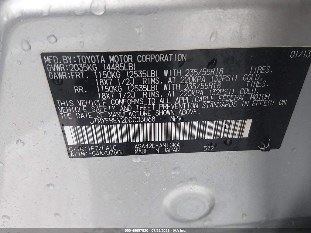 JTMYFREV2DD003068 2013 TOYOTA RAV4 photo no. 9