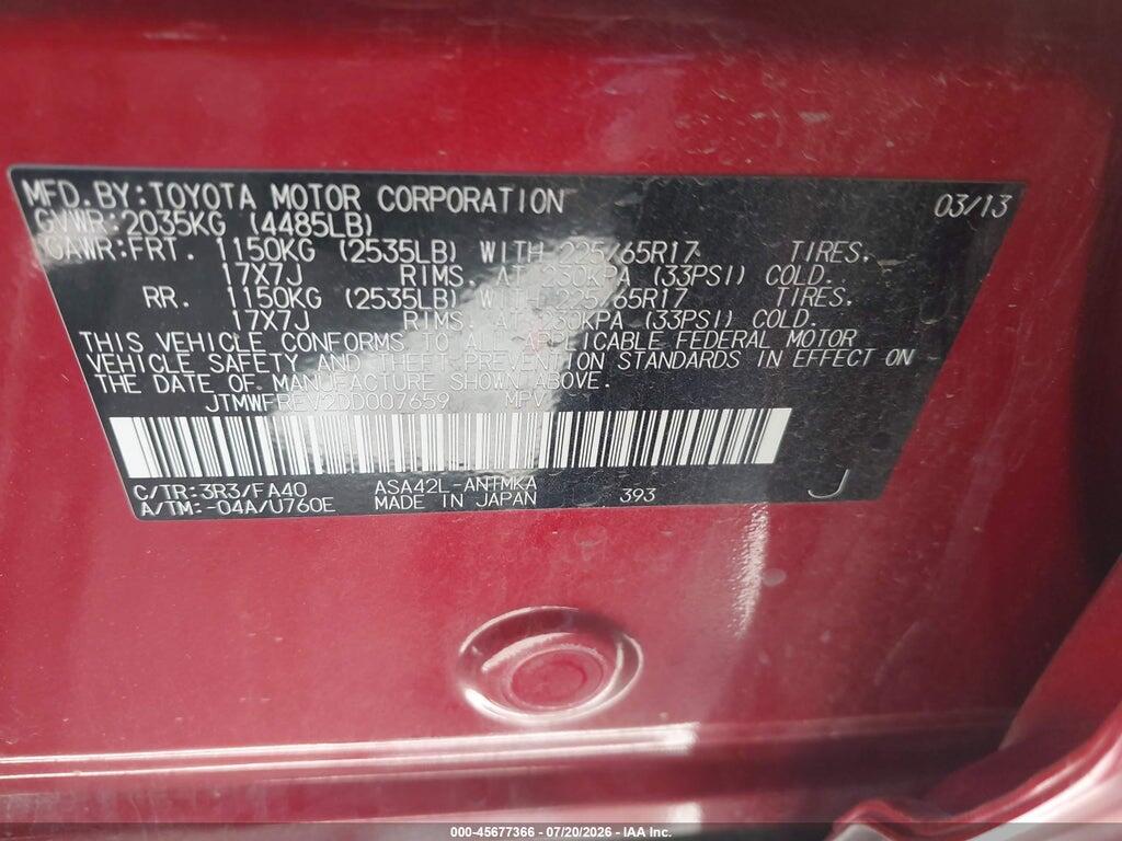 JTMWFREV2DD007659 2013 TOYOTA RAV4 photo no. 9