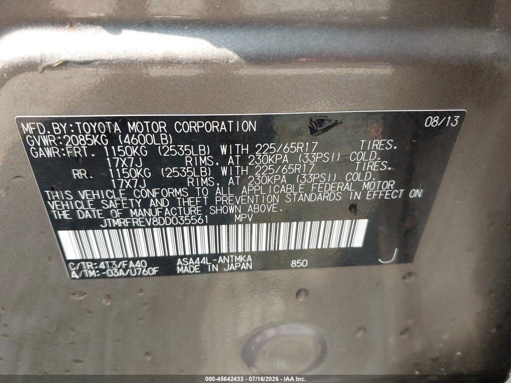 JTMRFREV8DD035561 2013 TOYOTA RAV4 photo no. 9