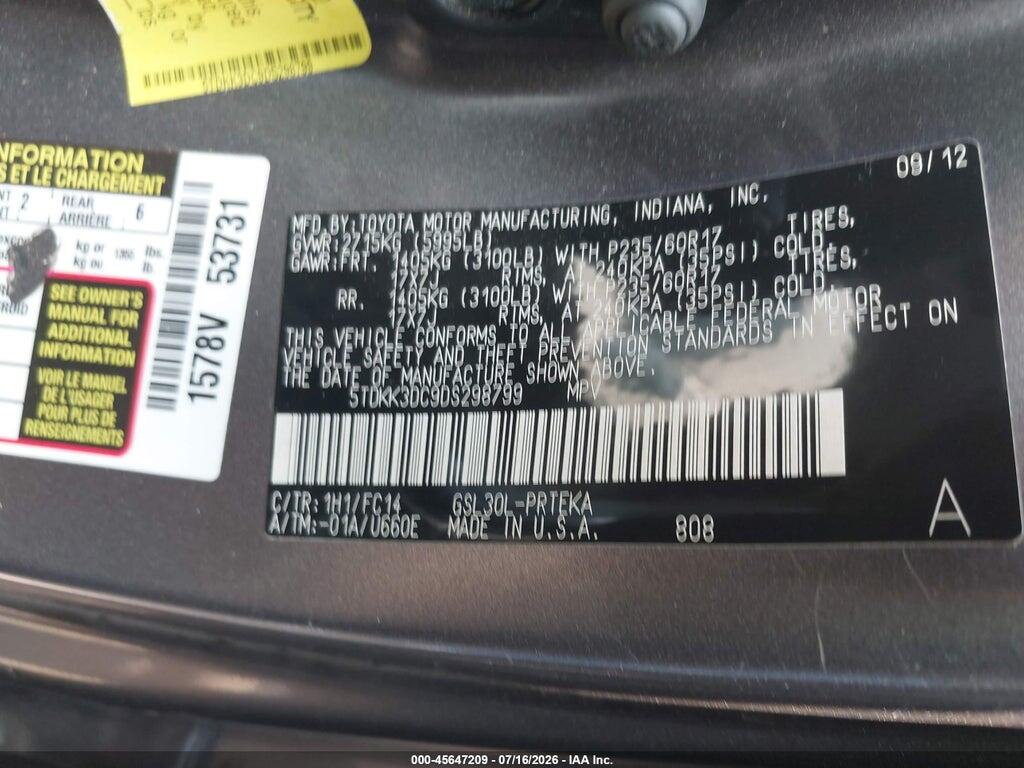5TDKK3DC9DS298799 2013 TOYOTA SIENNA photo no. 9