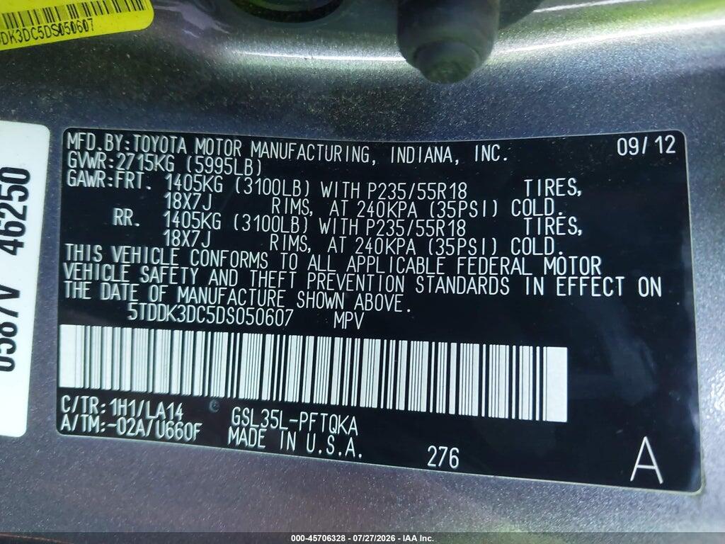 5TDDK3DC5DS050607 2013 TOYOTA SIENNA photo no. 9