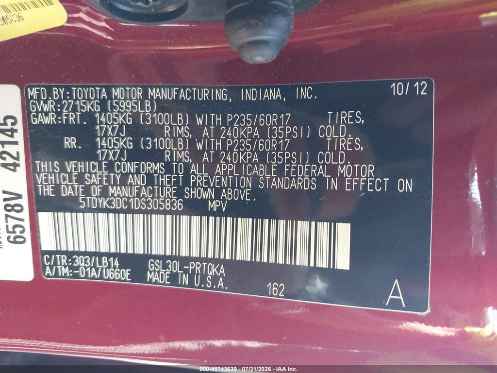 5TDYK3DC1DS305836 2013 TOYOTA SIENNA photo no. 9