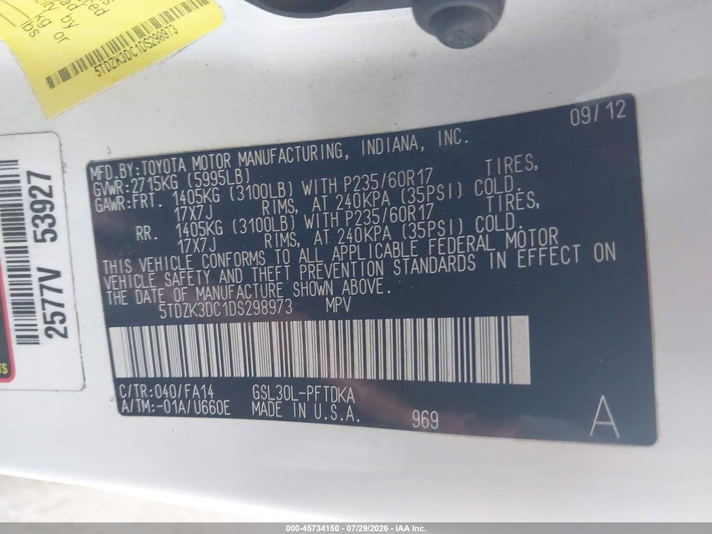 5TDZK3DC1DS298973 2013 TOYOTA SIENNA photo no. 9