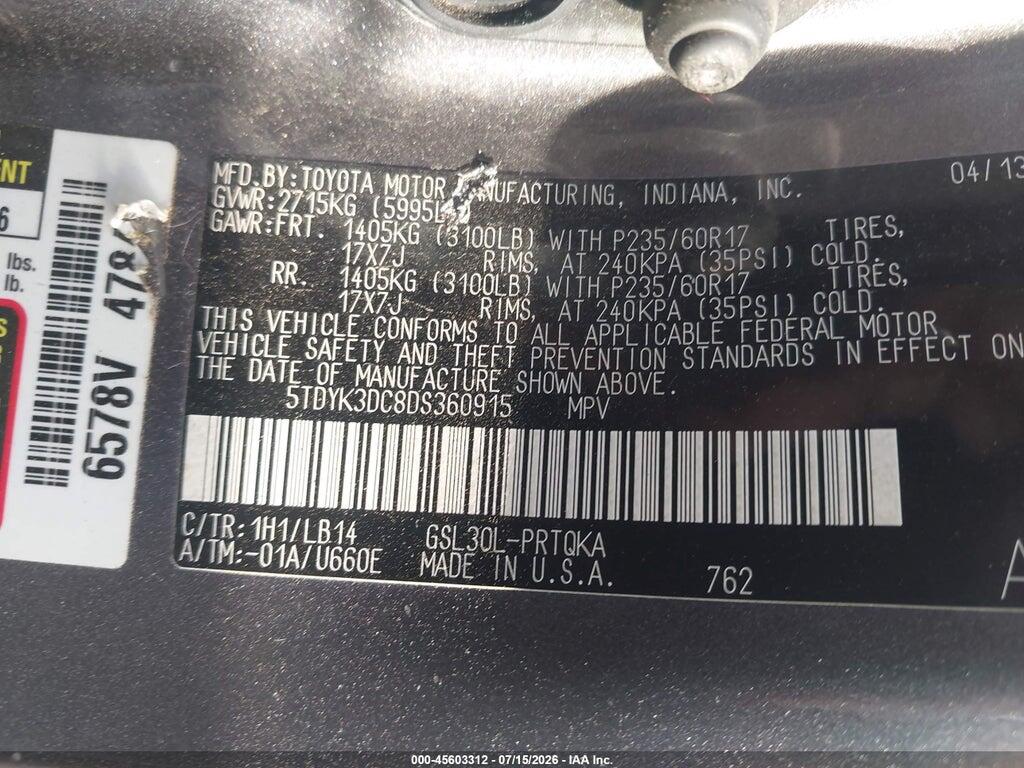 5TDYK3DC8DS360915 2013 TOYOTA SIENNA photo no. 9