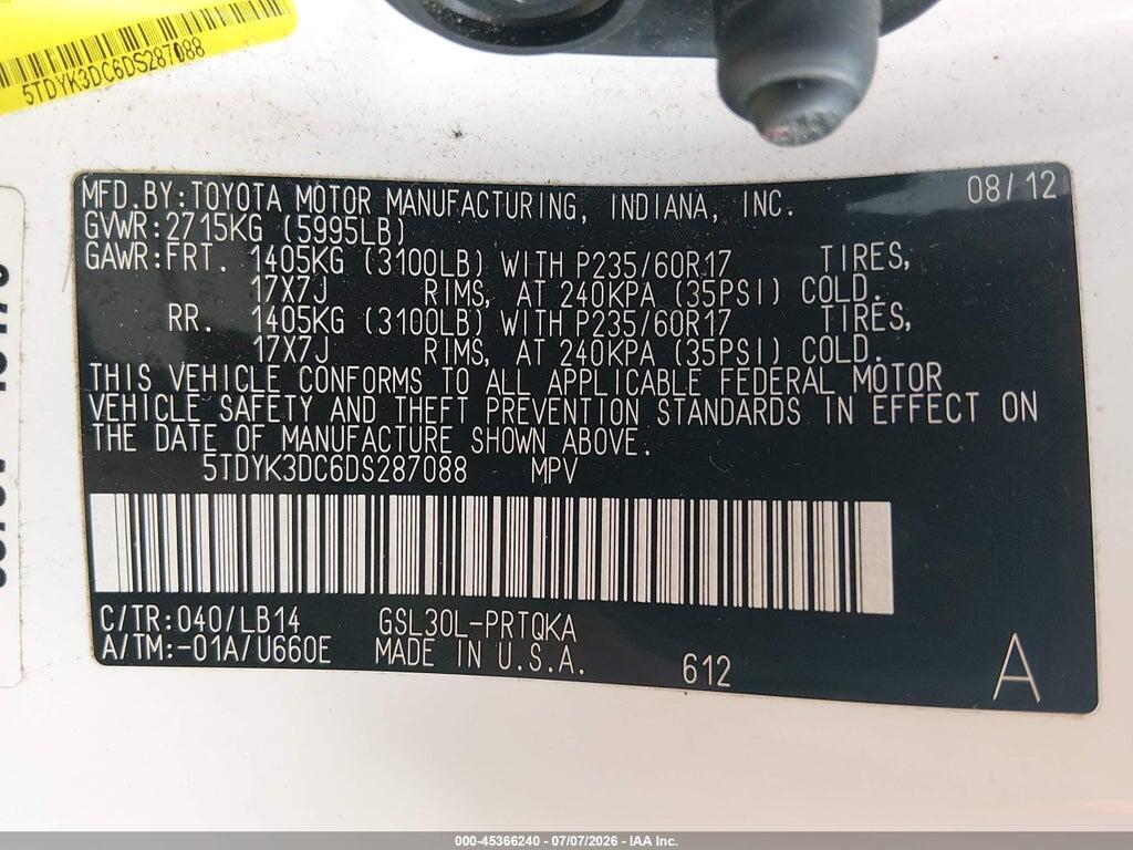 5TDYK3DC6DF287088 2013 TOYOTA SIENNA photo no. 9