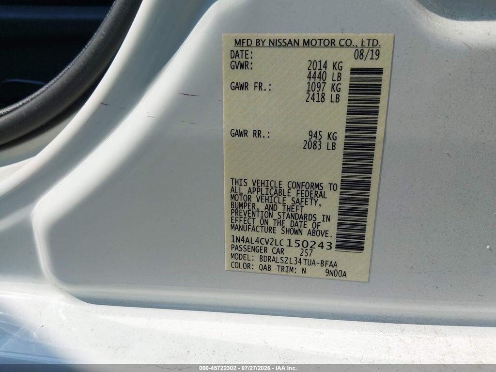1N4AL4CV2LC150243 2020 NISSAN ALTIMA photo no. 9