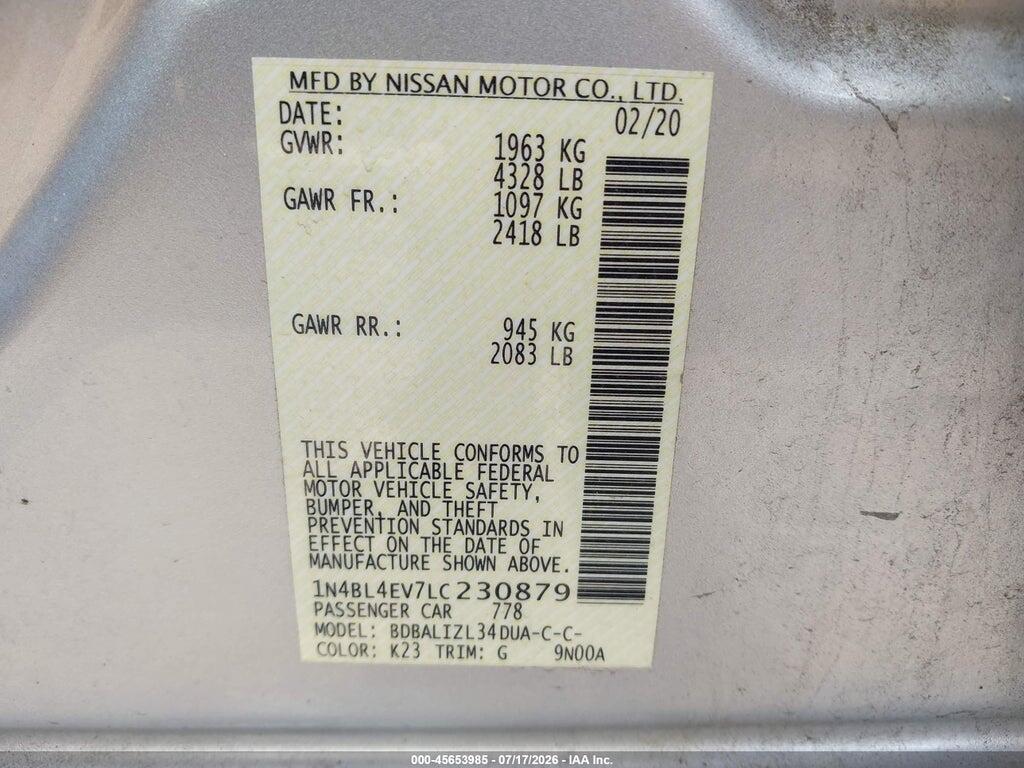 1N4BL4EV7LC230879 2020 NISSAN ALTIMA photo no. 9