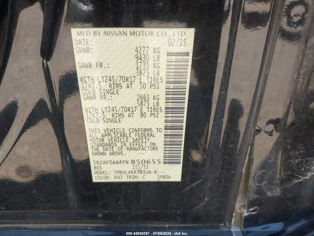 5BZAF0AA4FN850655 2015 NISSAN NV PASSENGER NV3500 HD photo no. 9