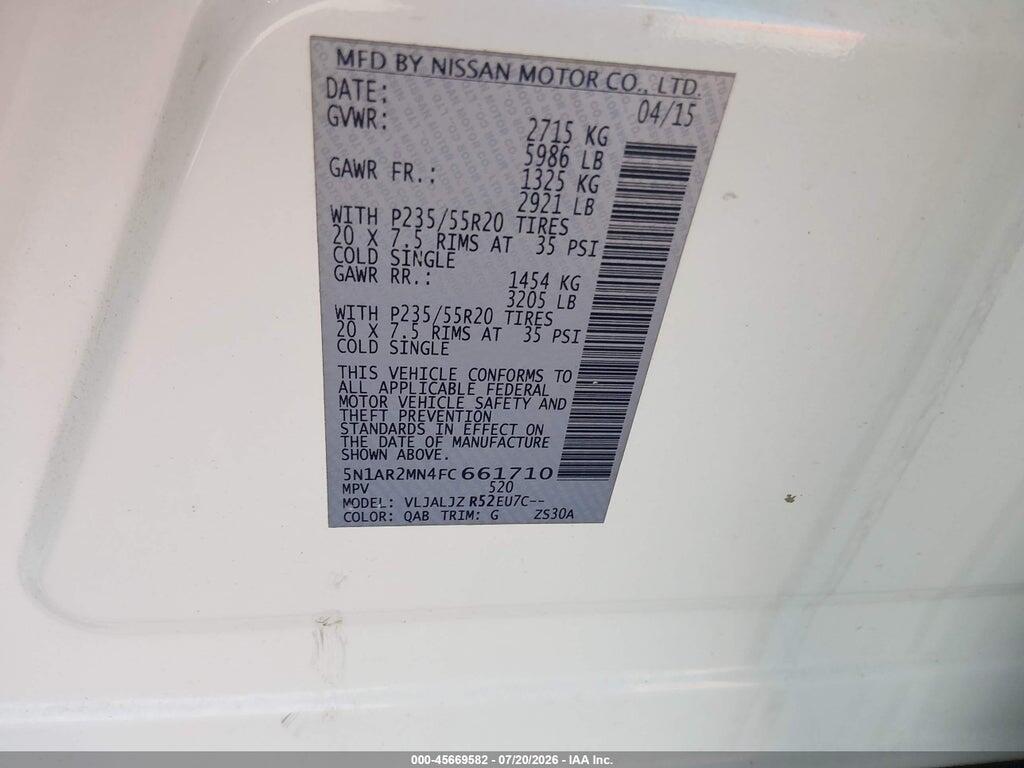 5N1AR2MN4FC661710 2015 NISSAN PATHFINDER photo no. 9