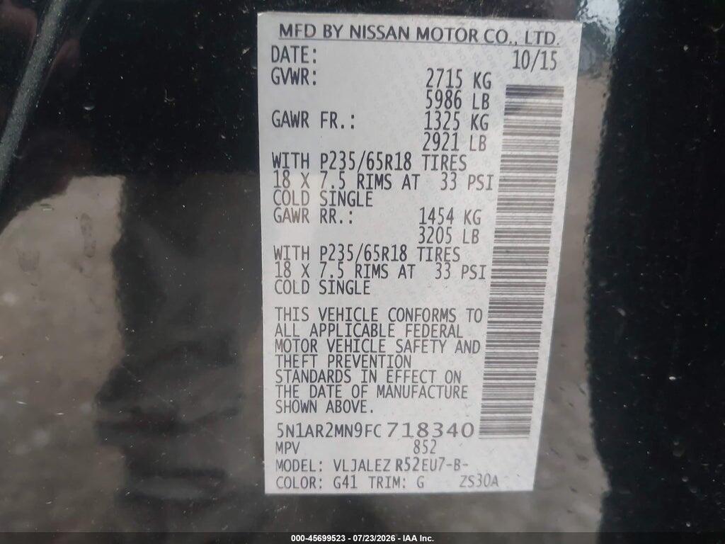 5N1AR2MN9FC718340 2015 NISSAN PATHFINDER photo no. 9