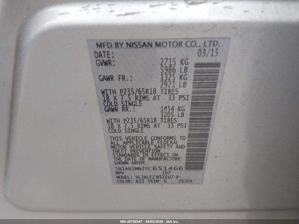 5N1AR2MN2FC651466 2015 NISSAN PATHFINDER photo no. 9