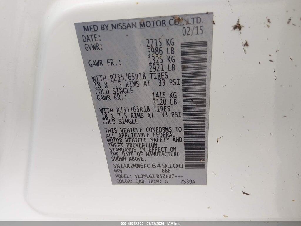 5N1AR2MM6FC649100 2015 NISSAN PATHFINDER photo no. 9
