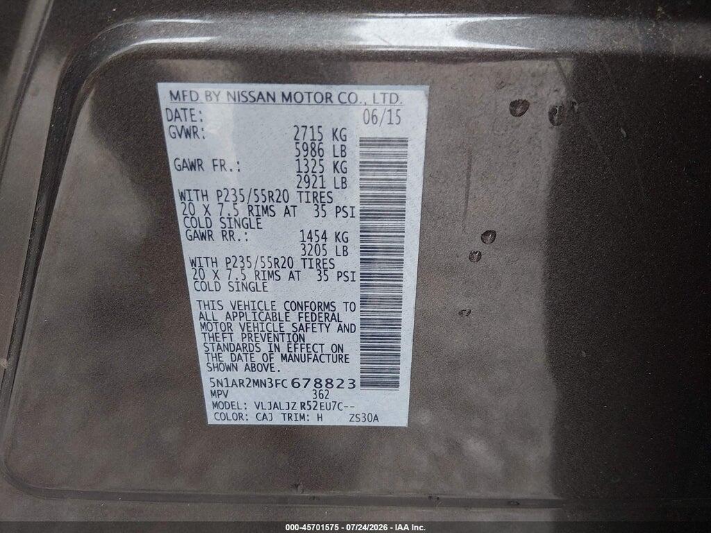 5N1AR2MN3FC678823 2015 NISSAN PATHFINDER photo no. 9