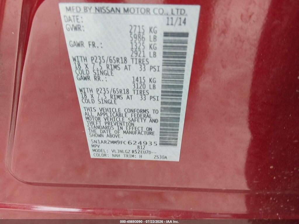 5N1AR2MM9FC624935 2015 NISSAN PATHFINDER photo no. 9